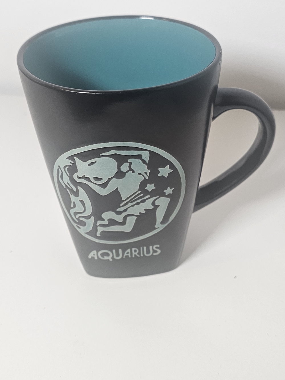 Aquarius Zodiac Ceramic Mug - Black Exterior with Teal Interior